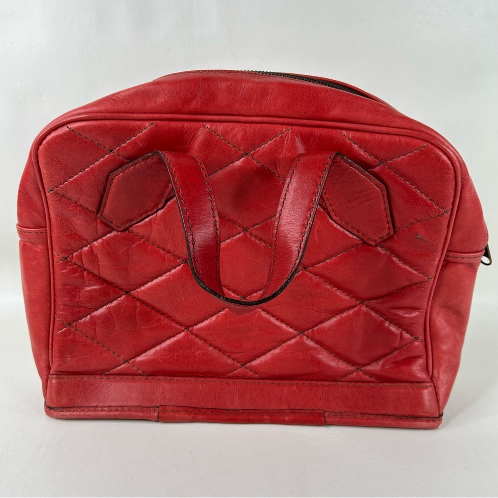 Red Leather Satchel Purse Handbag Diamond Pattern Women's